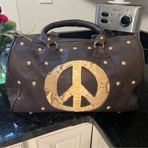 Brown Leather Bag with Peace Sign